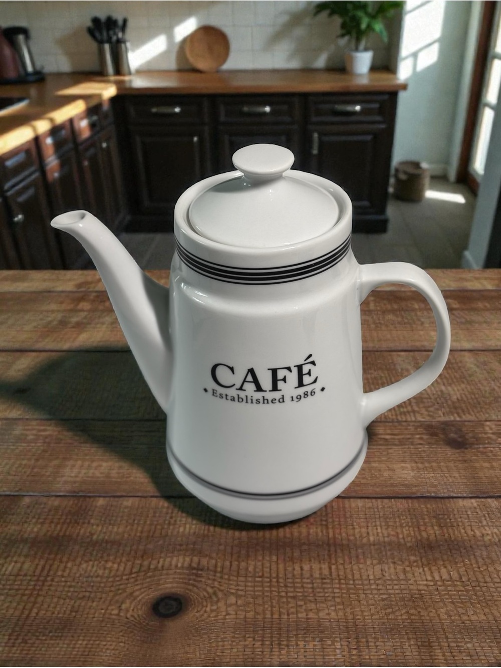 Pottery Barn White Café Collection Coffee Pot 9”White Black Ceramic with Lid